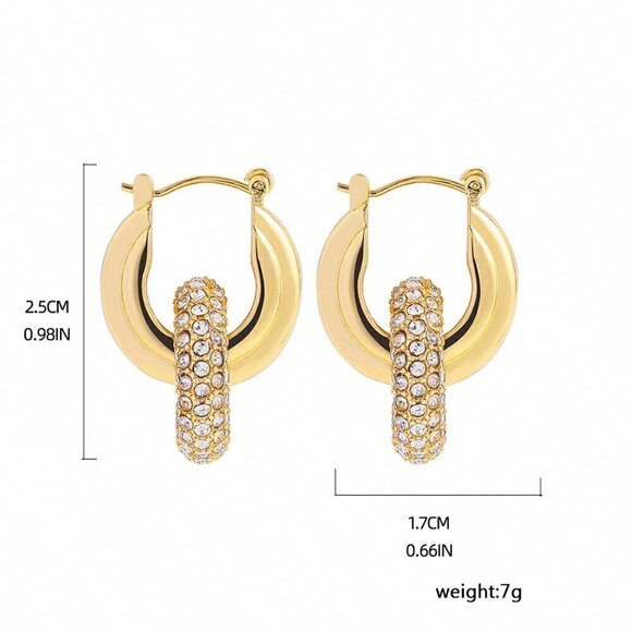 Yellow Gold Women's Gold Color Zinc Alloy Full Diamond Inlaid Hoop Earrings - Picture 5 of 5